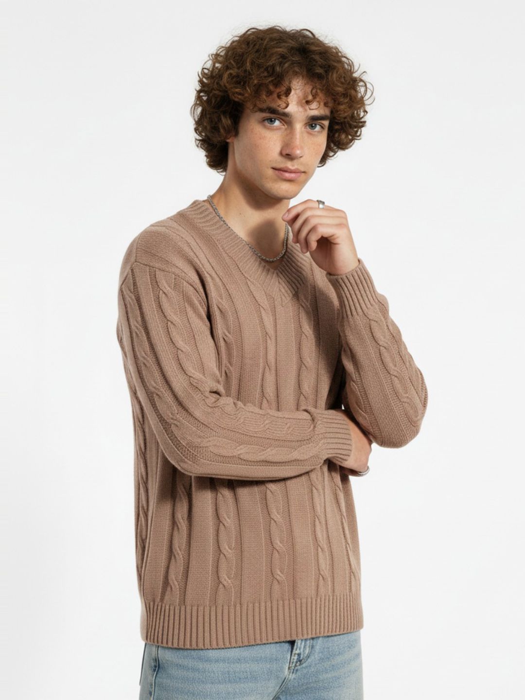 glitchez Cable Knit V-Neck Longline Pullover-picture-19