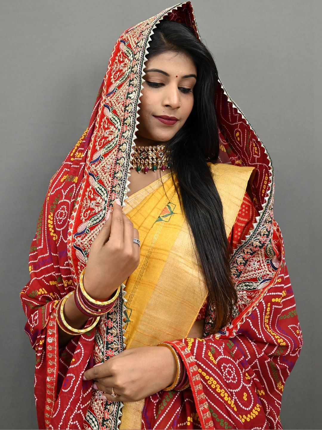 Ranisatiya creation Red Bandhani Printed Dupatta