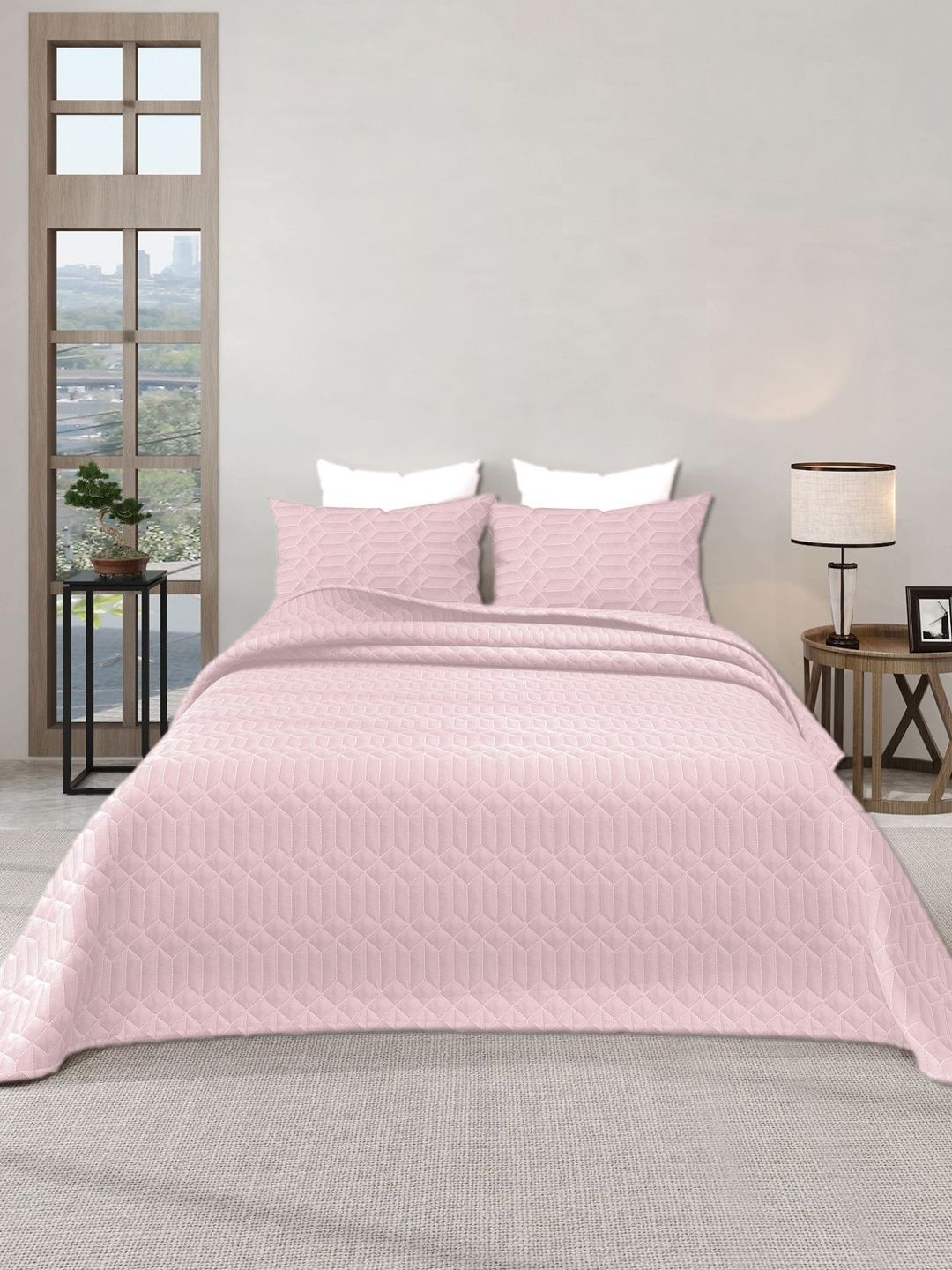 LABHAM Azure Pink Textured 300 GSM King Bed Cover With Pillow Covers-picture-56