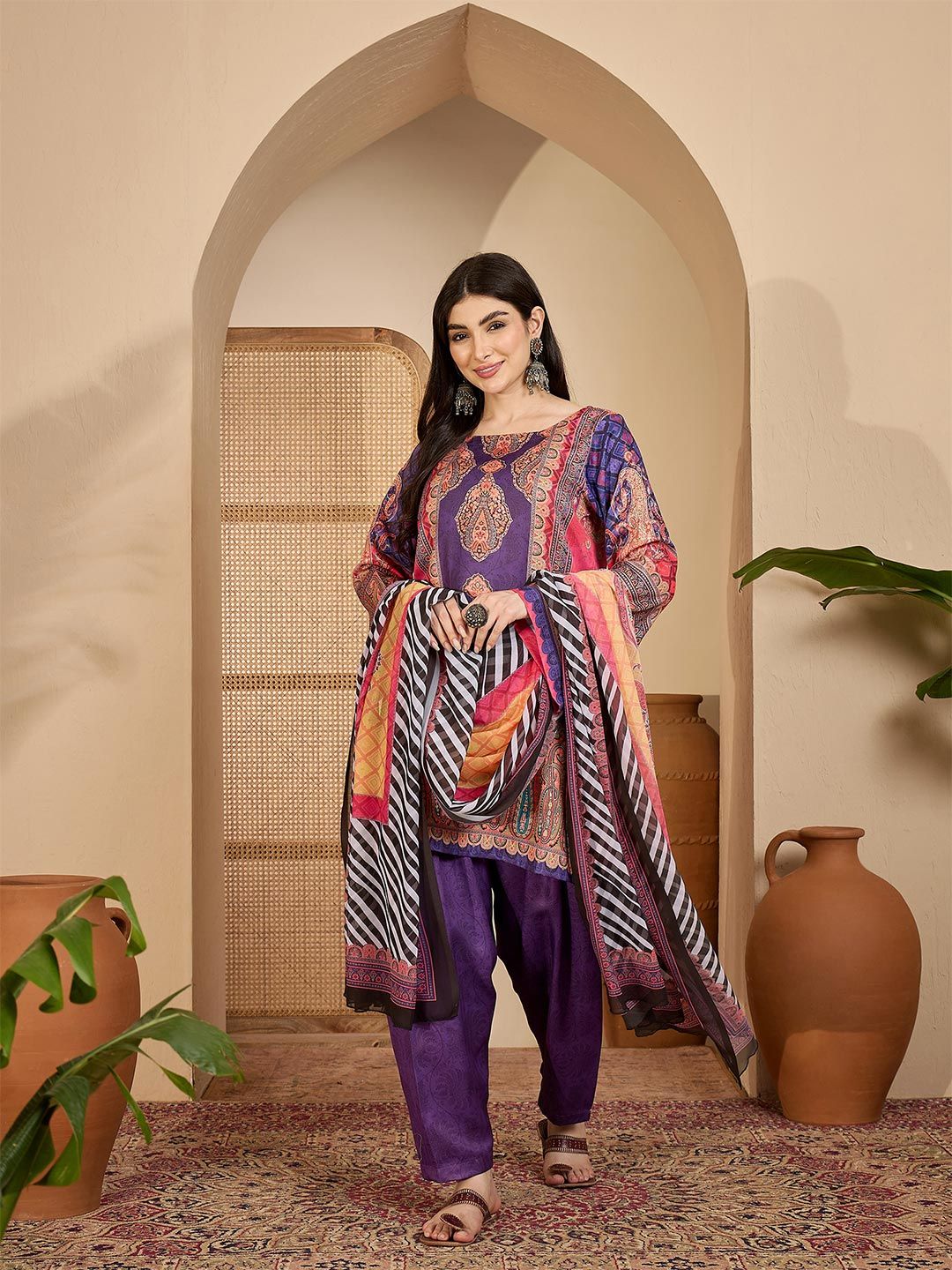 Printed Wool Round Neck Kurta & Trousers with Dupatta set-image-13