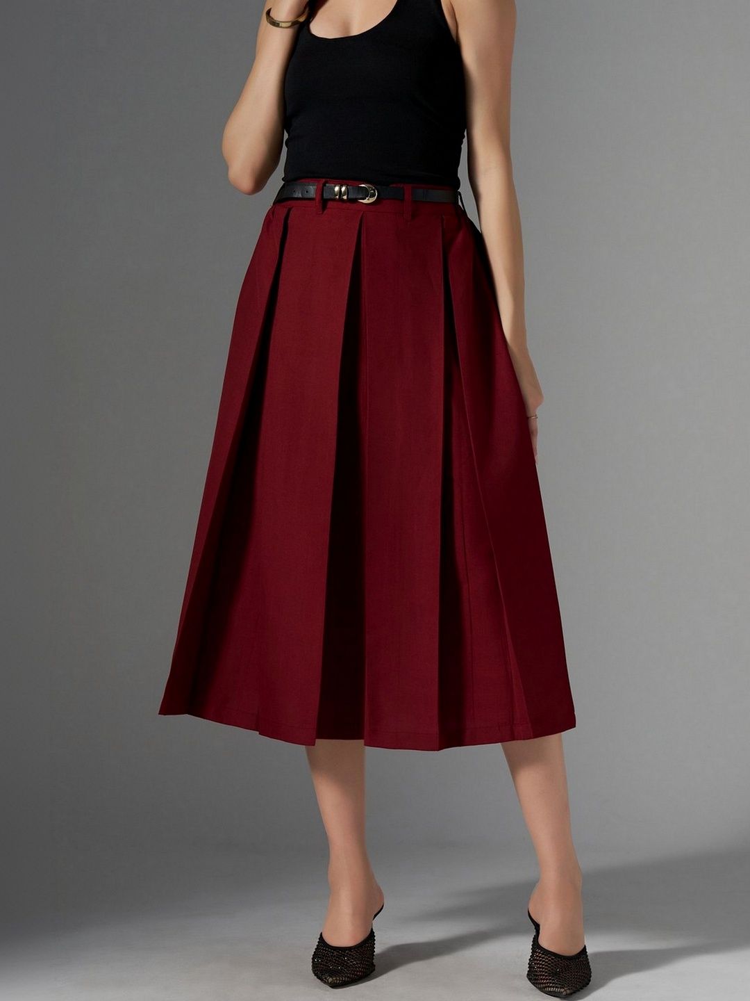 AASK Cotton Midi Flared Pleated Skirt With Belt Loop-picture-13