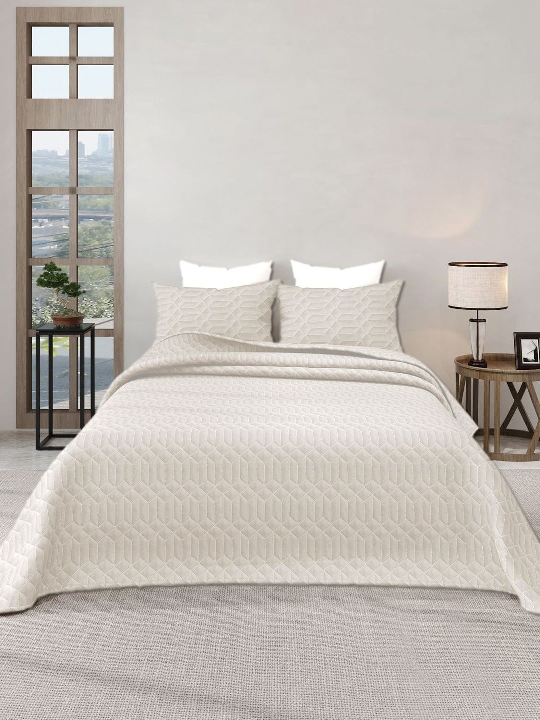 LABHAM Off-White Textured 300 GSM King Bed Cover With Pillow Covers-image-45