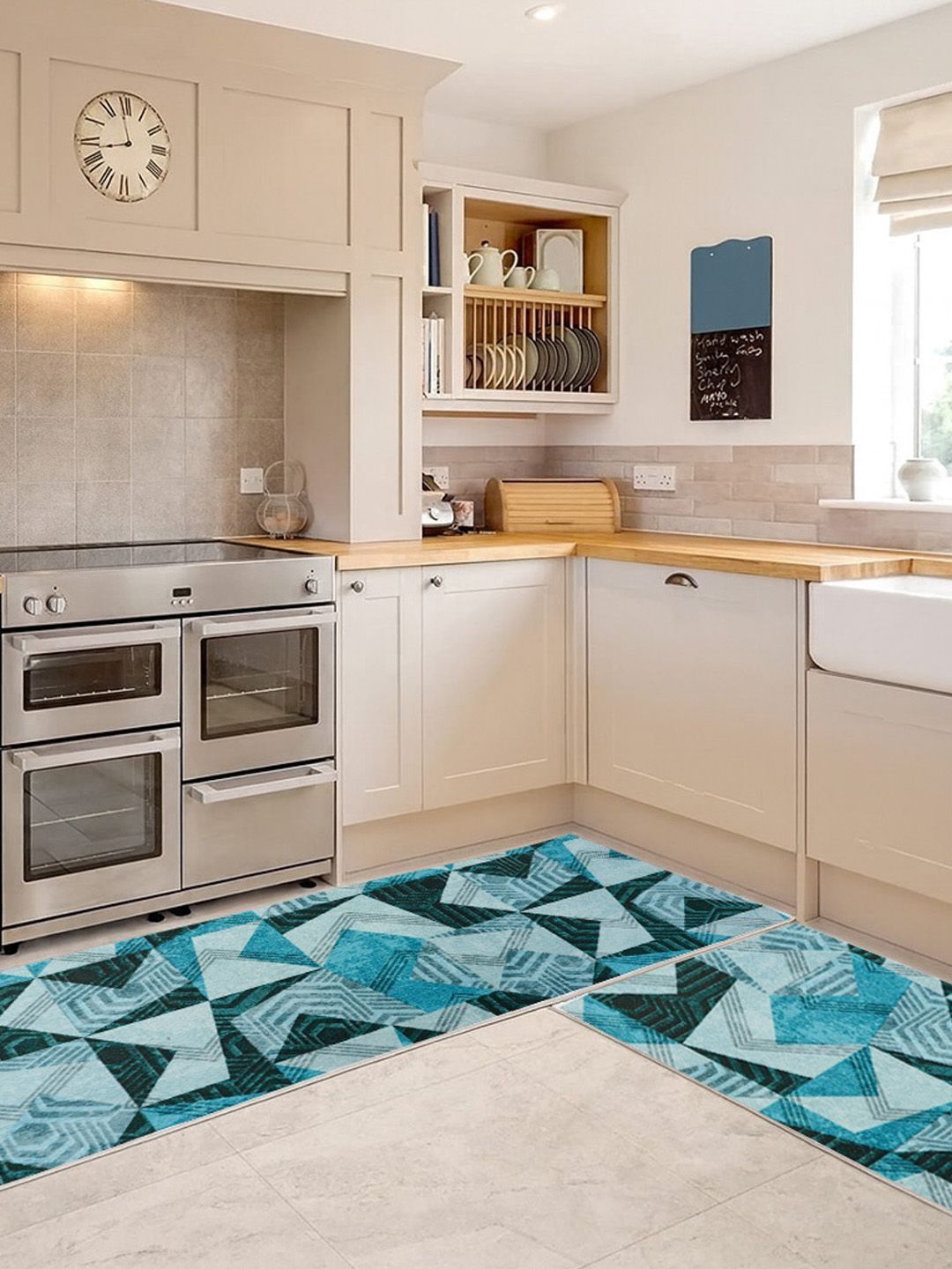 Kaleen India 2Pcs Teal Blue Printed Anti-Skid Kitchen Mats-picture-31