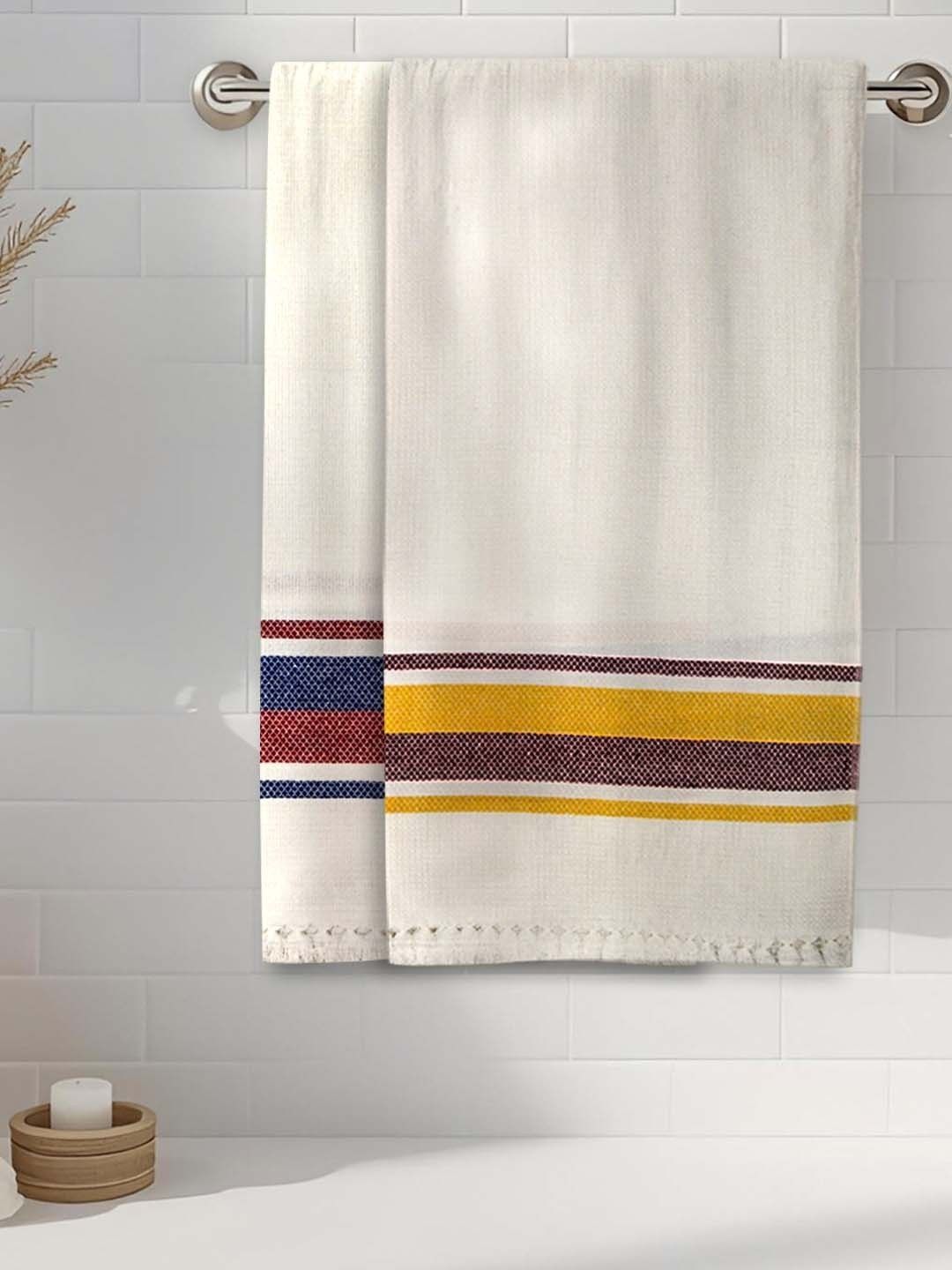 Myntra Elegant Homes White & Yellow 2 Piece Striped Cotton 210 GSM Towel Set-image-49