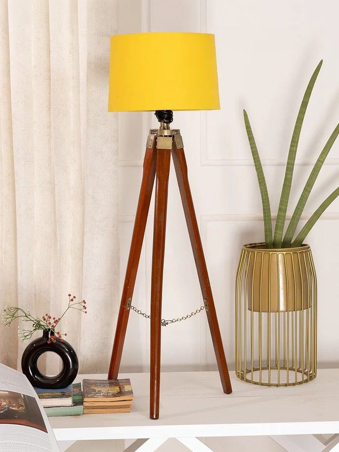 THREADVIBE LIVING Brown & Yellow Wooden Tripod Floor Lamp-picture-44