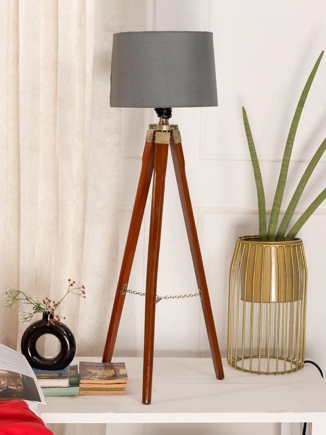 THREADVIBE LIVING Brown & Grey Wooden Tripod Floor Lamp-picture-42