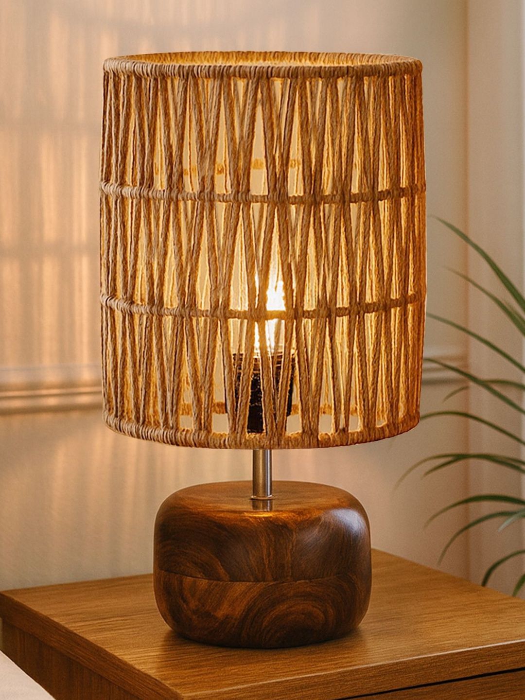 Homesake Beige Textured Wood Cylindrical Shaped Table Lamp-image-22
