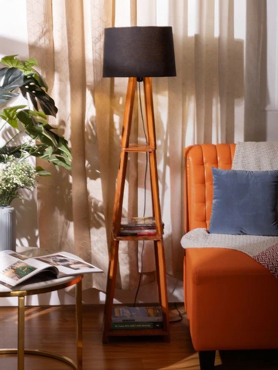 THREADVIBE LIVING Brown & Black Wooden Floor Lamp With Shelves-picture-14