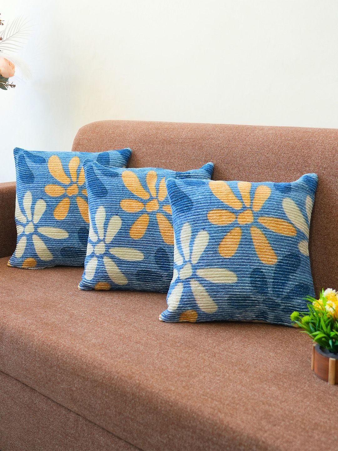 Kaleen India Blue & White Set of 3 Floral Square Cushion Covers-image-19