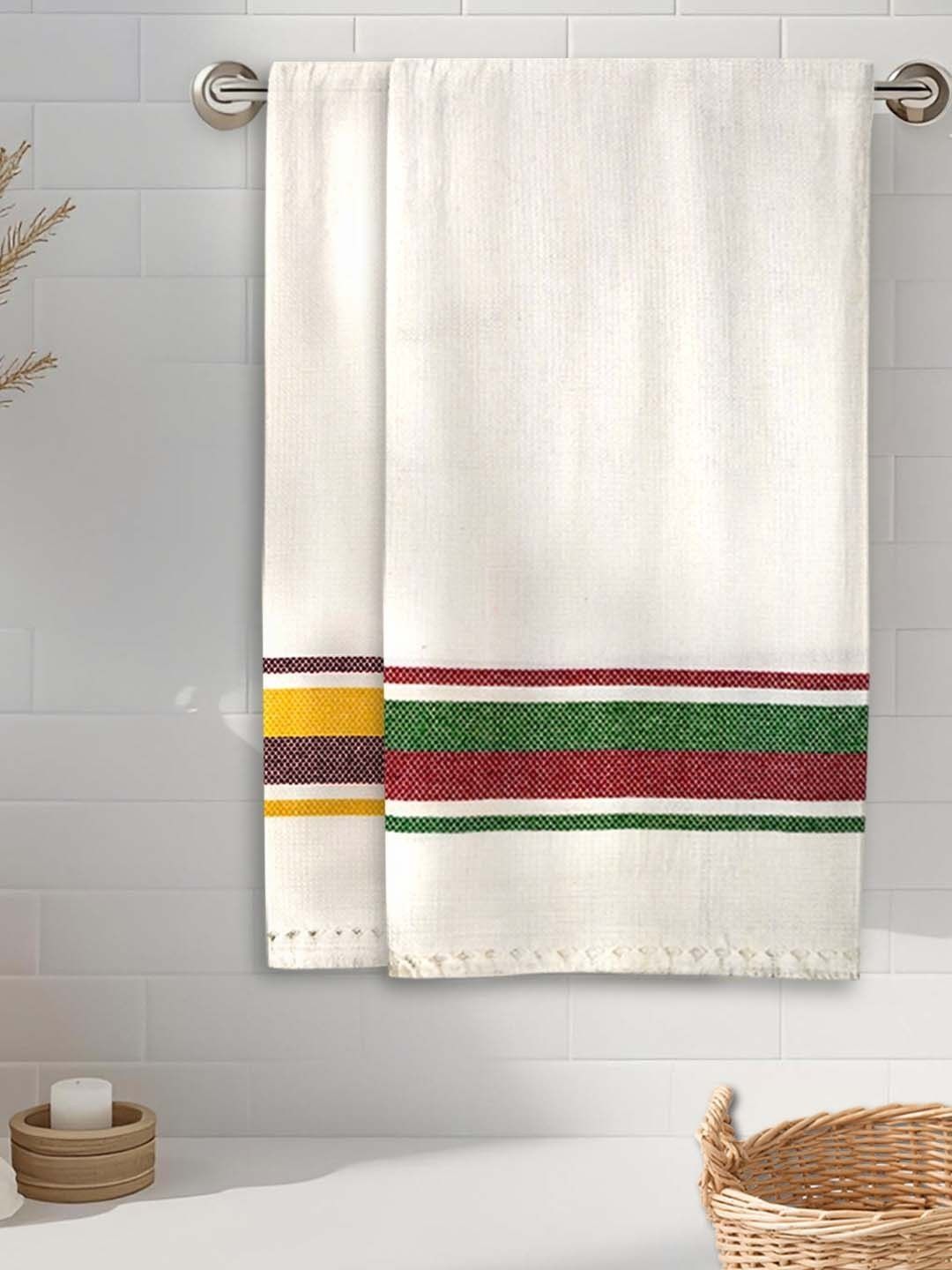 Myntra Elegant Homes White & Red 2 Piece Striped Cotton 150 GSM Towel Set-image-24
