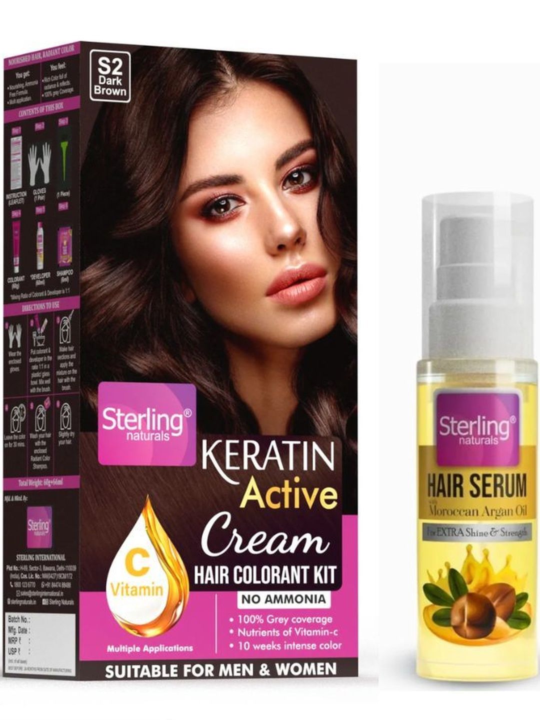 Sterling Naturals Set Of 2 Dark Brown Hair Colour -60 g + 66 ml & Frizz Control Serum-30ml-image-36