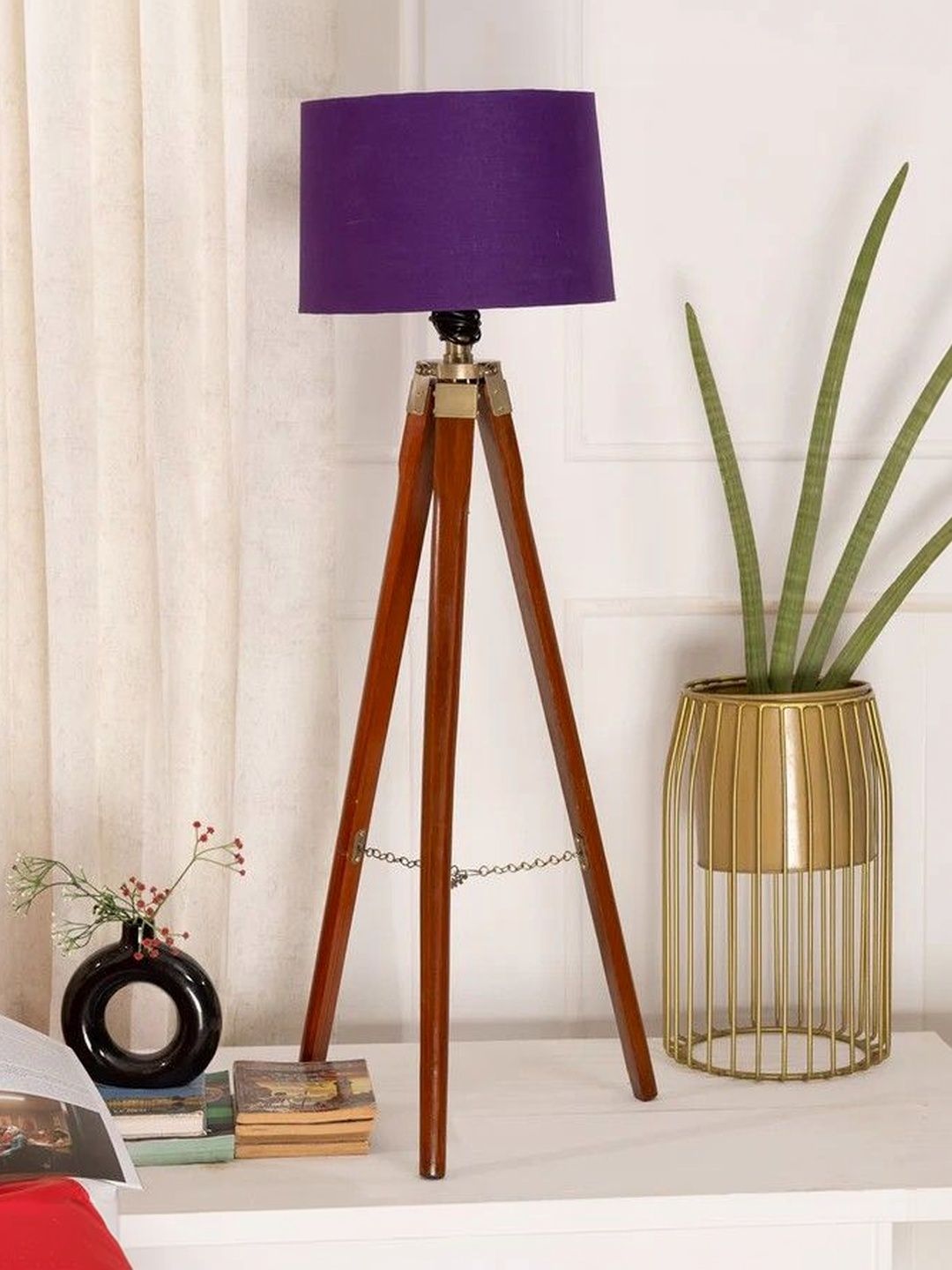 THREADVIBE LIVING Brown & Purple Wooden Tripod Floor Lamp-picture-49