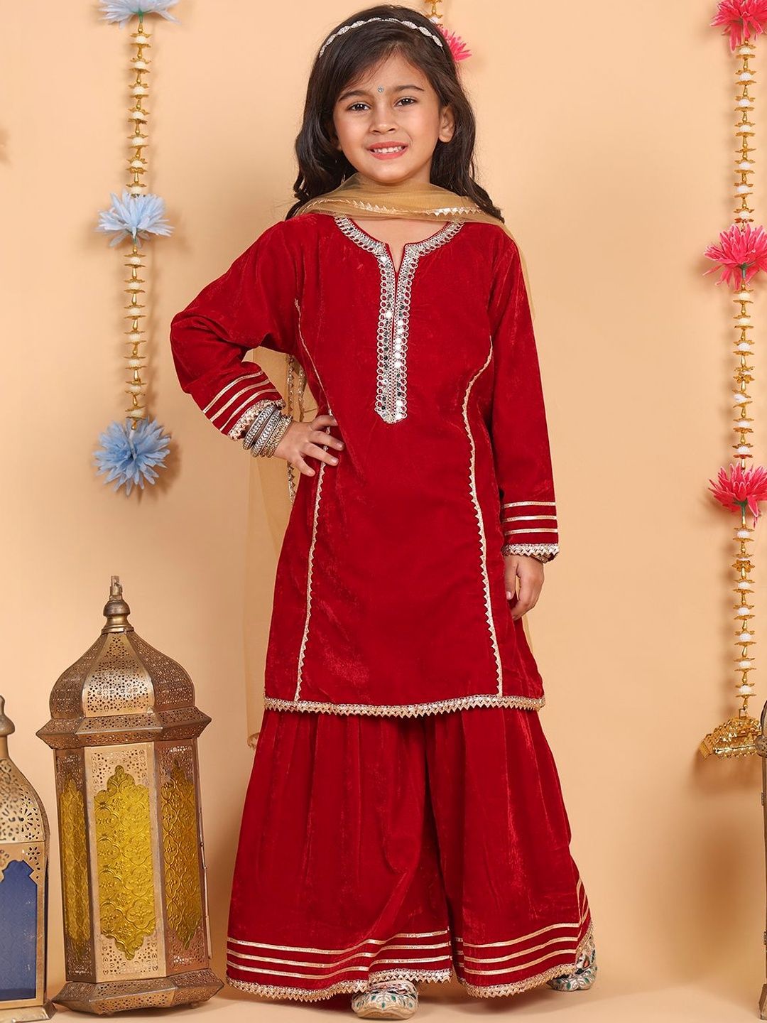 Superminis Girls Regular Gotta Patti Velvet Kurta with Sharara & With Dupatta