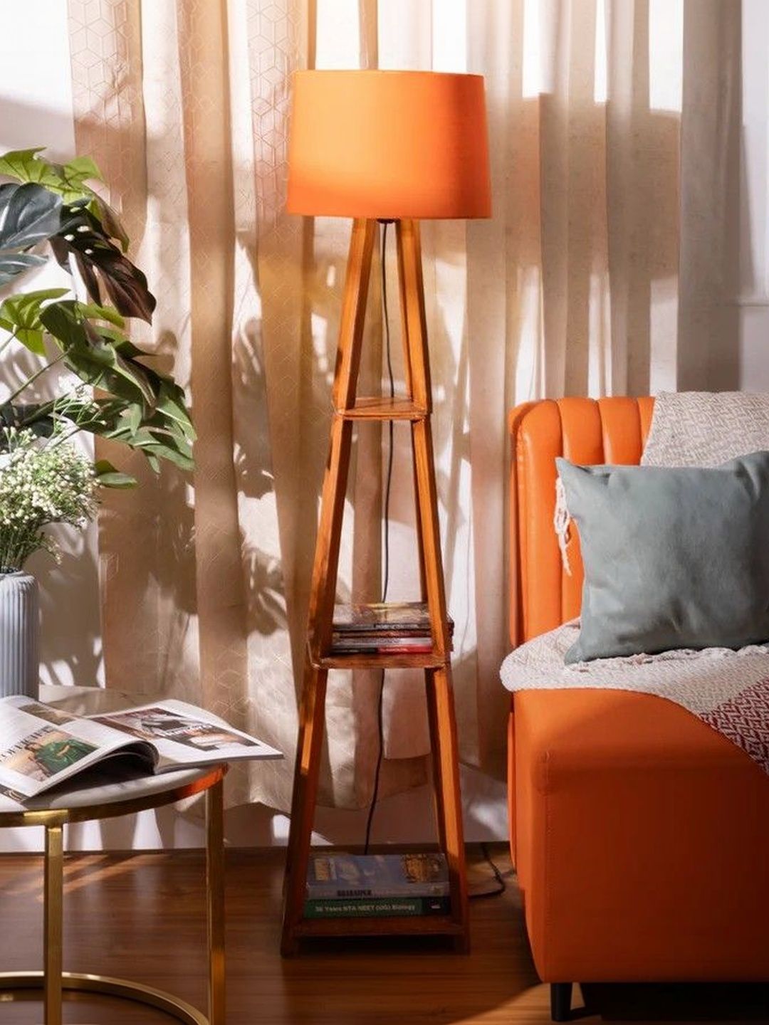 THREADVIBE LIVING Brown & Orange-Colored Wooden Floor Lamp With Shelves-image-31