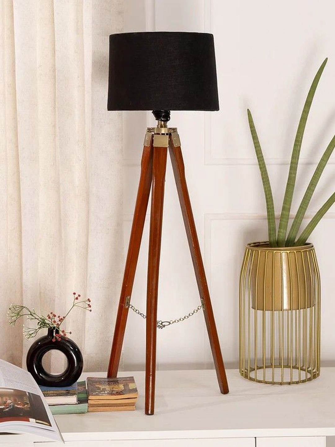 THREADVIBE LIVING Brown & Black Wooden Tripod Floor Lamp-picture-26