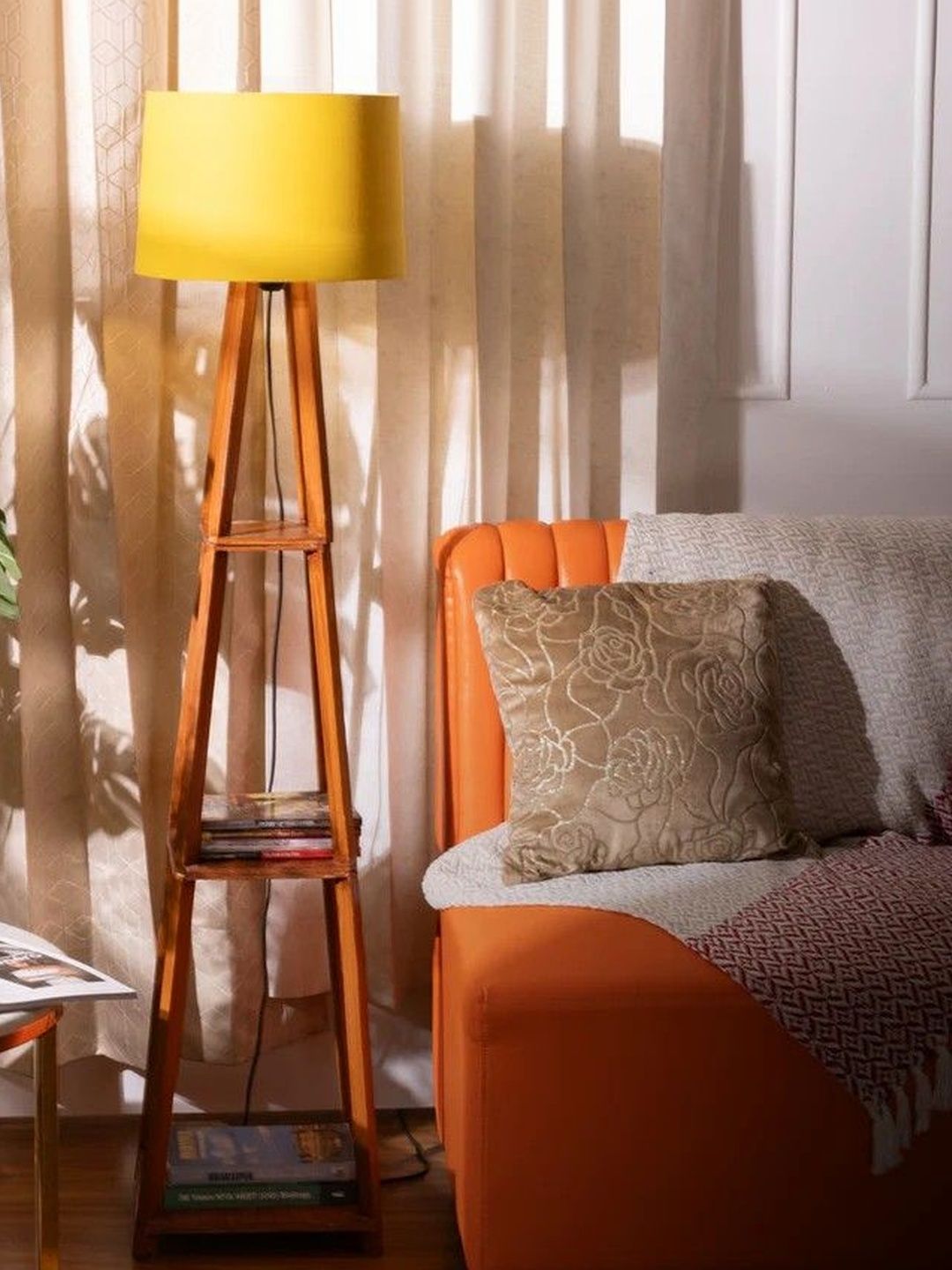THREADVIBE LIVING Brown & Yellow Wooden Floor Lamp With Shelves-picture-16