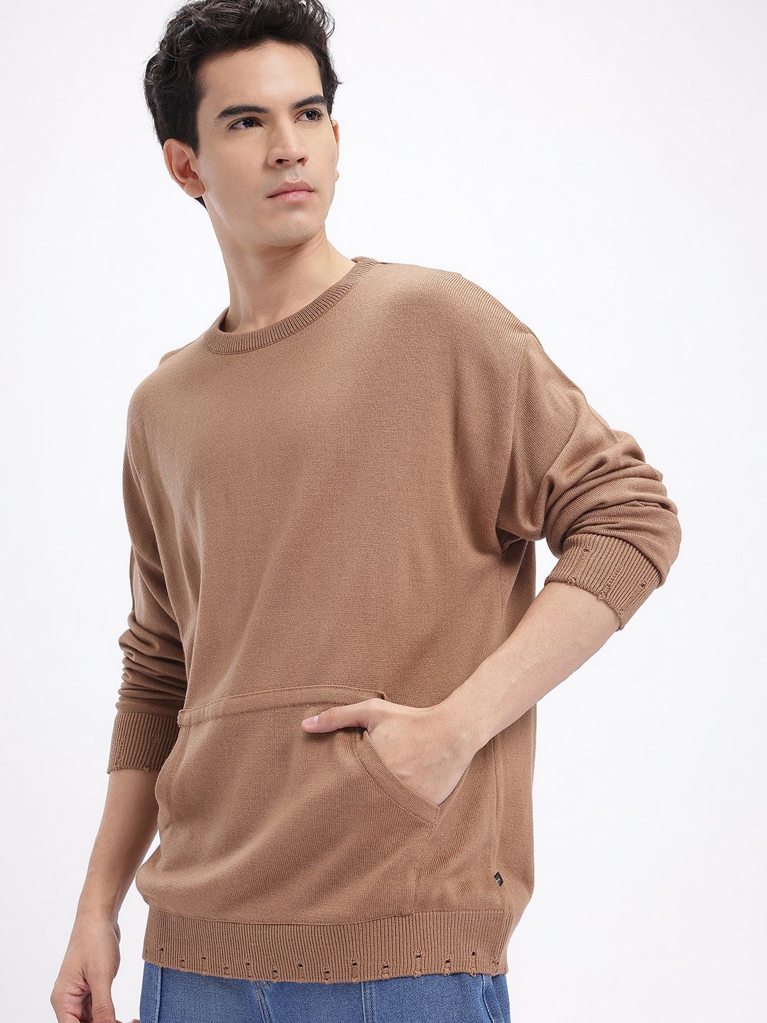 glitchez Round Neck Oversized Pullover with Distressed Hem-picture-35