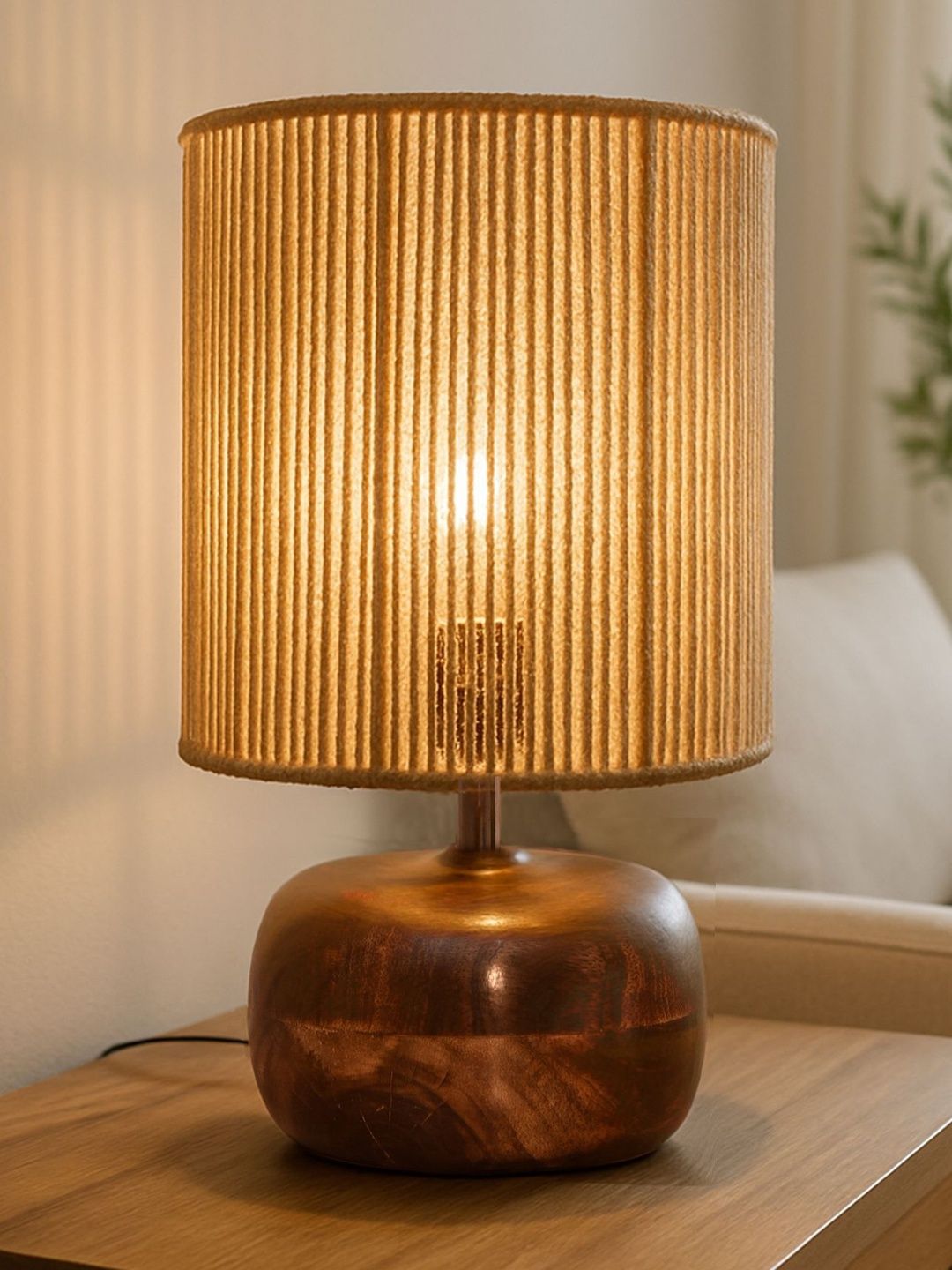 Homesake Beige Textured Wood Cylindrical Shaped Table Lamp-image-27