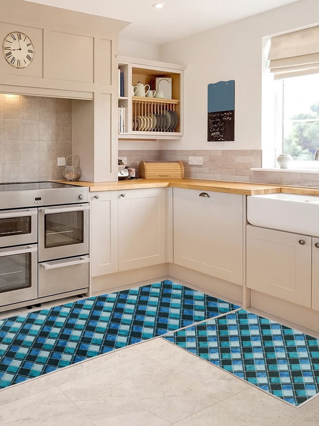 Kaleen India 2Pcs Teal Blue Printed Anti-Skid Kitchen Mats-picture-34