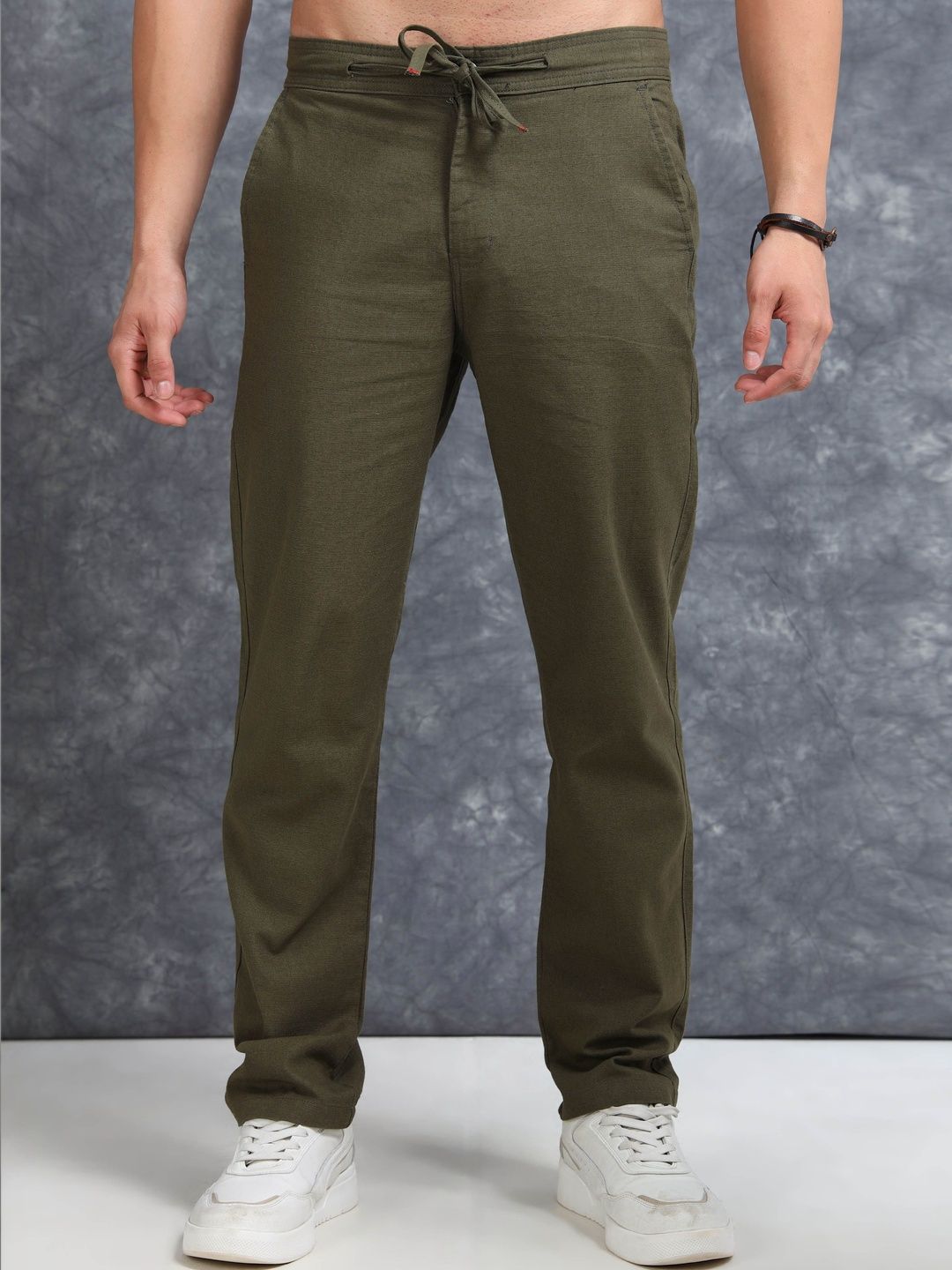 The Roadster Lifestyle Co Men Linen Mid-Rise Drawstring Trousers-picture-25