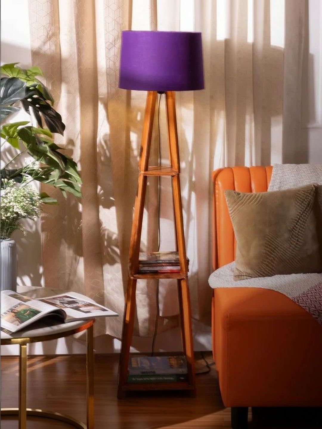 THREADVIBE LIVING Brown & Purple Wooden Floor Lamp With Shelves-picture-17