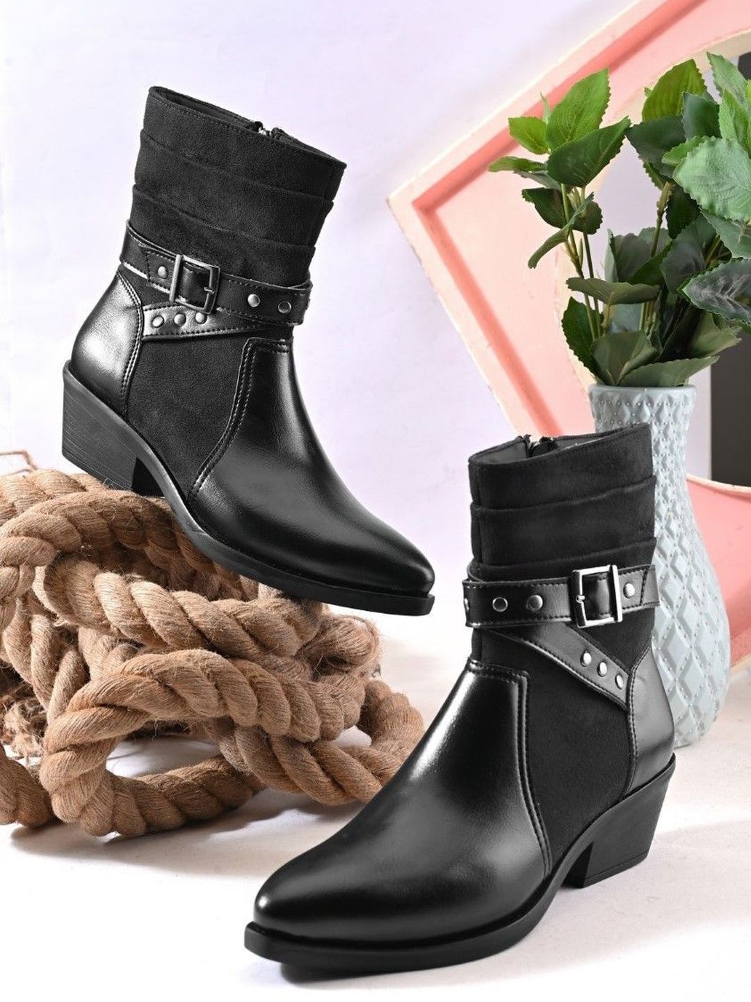 The Roadster Lifestyle Co Women Pointed Toe Block Heel Mid Ankle Black Buckled Boots-picture-37