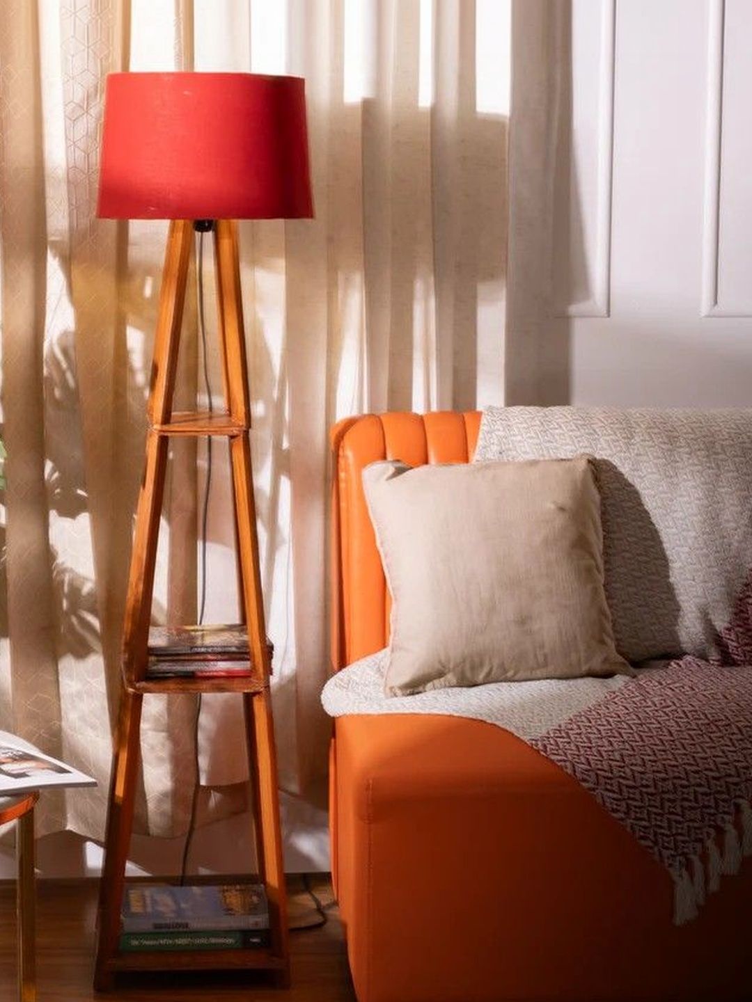 THREADVIBE LIVING Brown & Red Wooden Floor Lamp With Shelves-picture-15