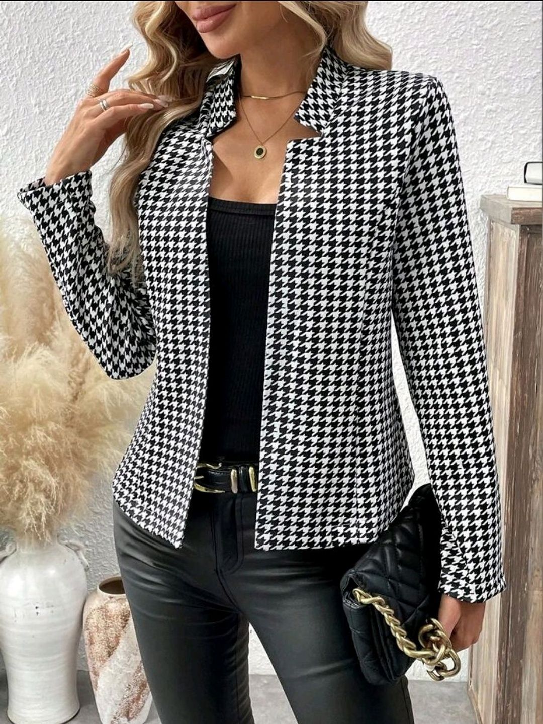 KI STUDIO Women Houndstooth Open Front Jacket-picture-36