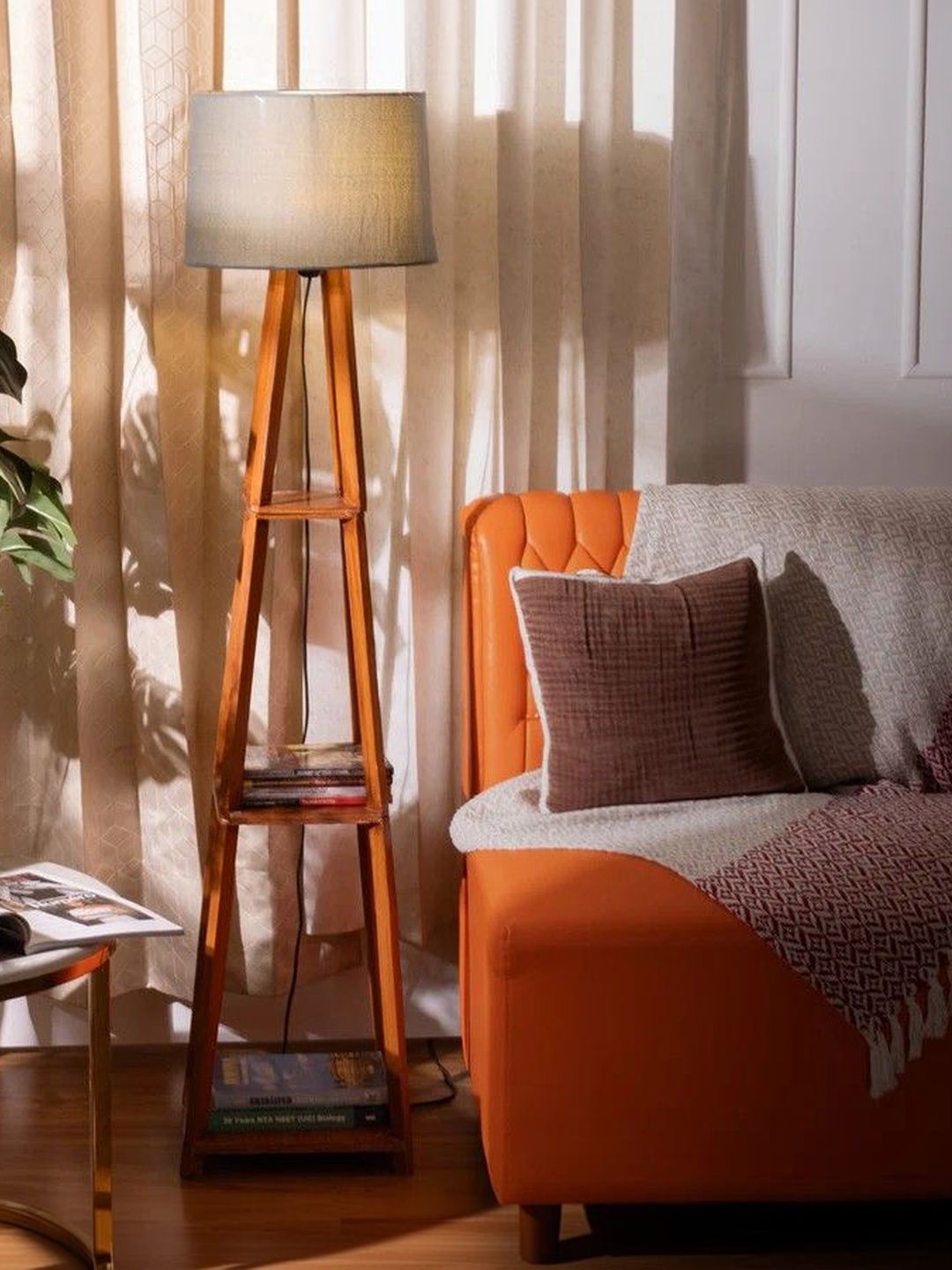 THREADVIBE LIVING Brown & Cream-Colored Wooden Floor Lamp With Shelves-image-11