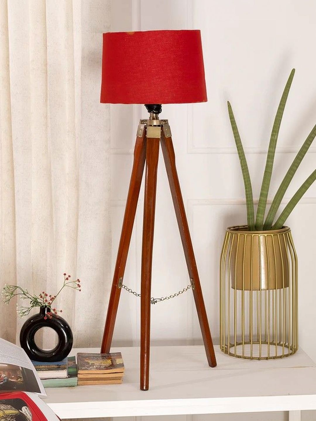 THREADVIBE LIVING Brown & Red Wooden Tripod Floor Lamp-picture-45