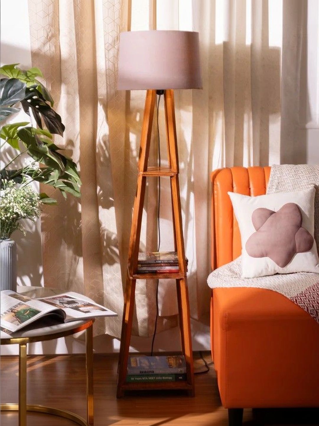THREADVIBE LIVING Brown & Grey Wooden Floor Lamp With Shelves-picture-40