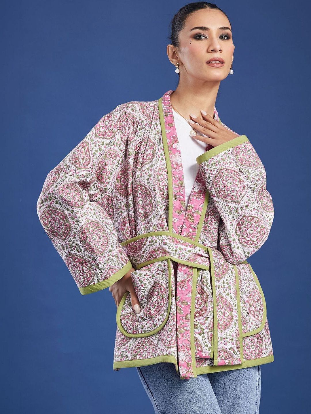 Taavi Women Hand Block Printed Cotton Cherry Blossom Reversible Quilted Jacket With Pocket-picture-27