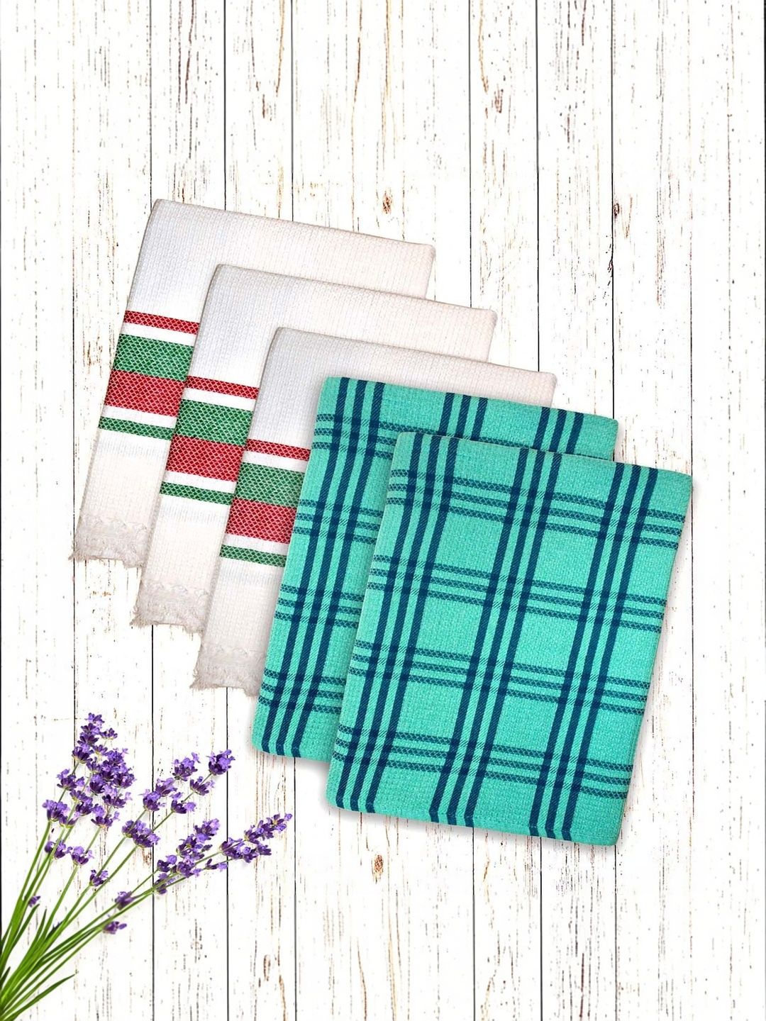 Myntra Elegant Homes Green & White 5 Piece Striped Cotton 210 GSM Towel Set-image-12