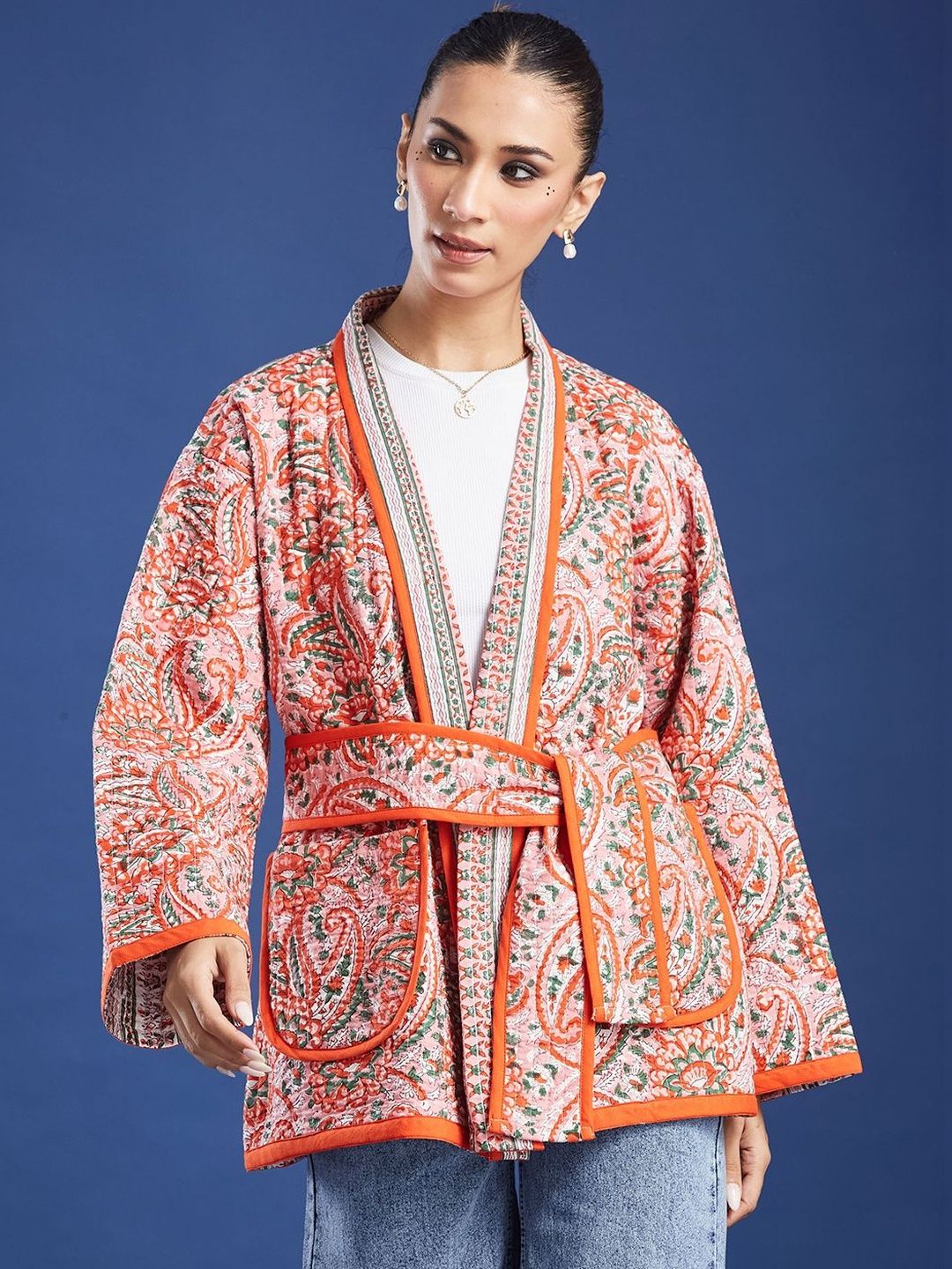 Taavi Women Handblock Printed Cotton Quilted Reversible Jacket with Pockets-picture-46