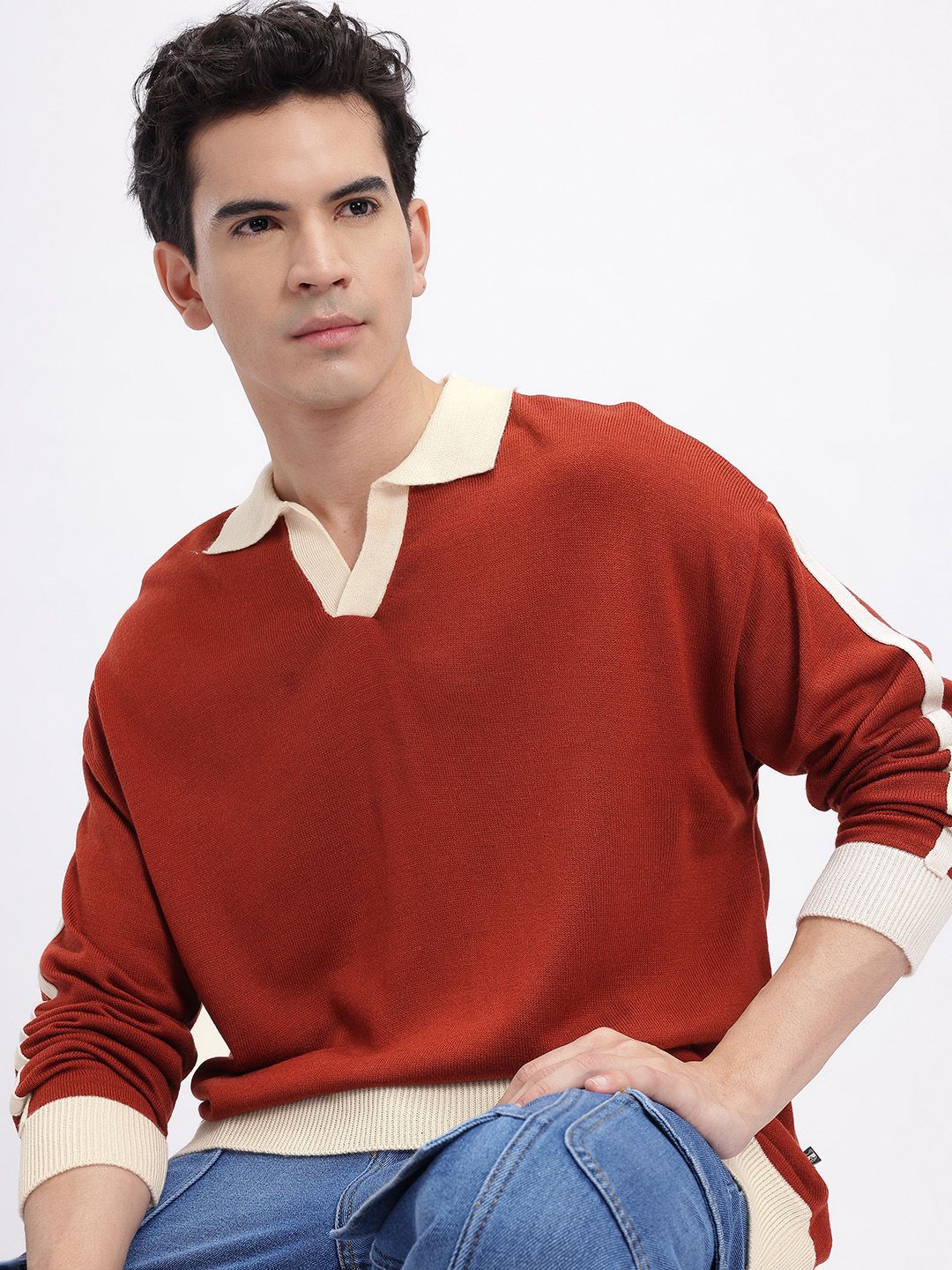 glitchez Shirt Collar Relaxed Fit Pullover with Contrasting Edges-picture-56