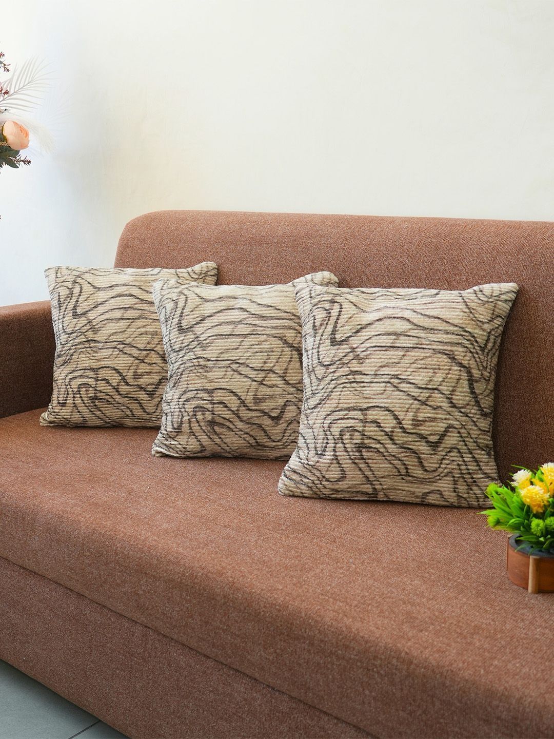 Kaleen India Coffee Brown & Beige Set of 3 Abstract Square Cushion Covers-image-11