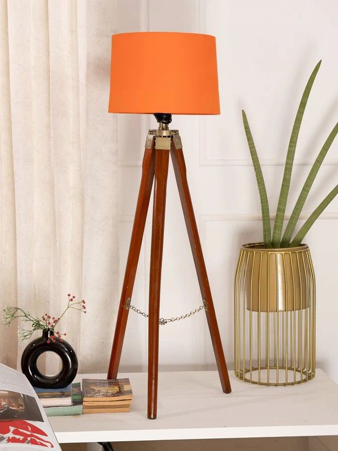 THREADVIBE LIVING Brown & Orange-Colored Wooden Tripod Floor Lamp-picture-43