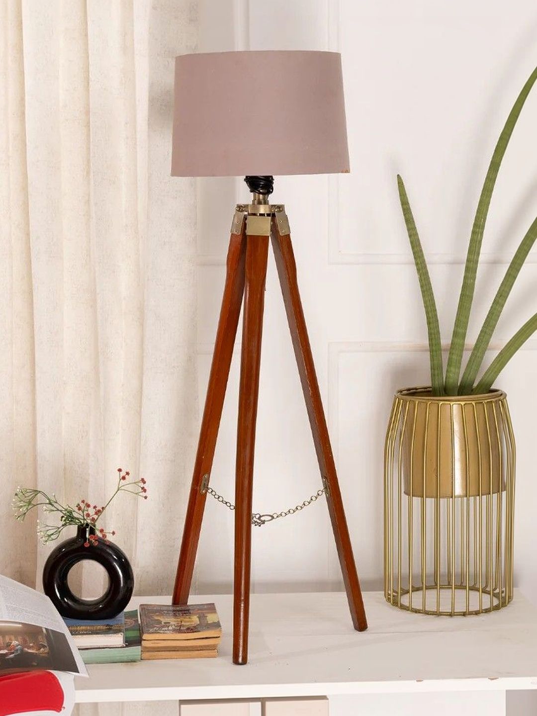 THREADVIBE LIVING Brown & Cream-Colored Wooden Tripod Floor Lamp-picture-41