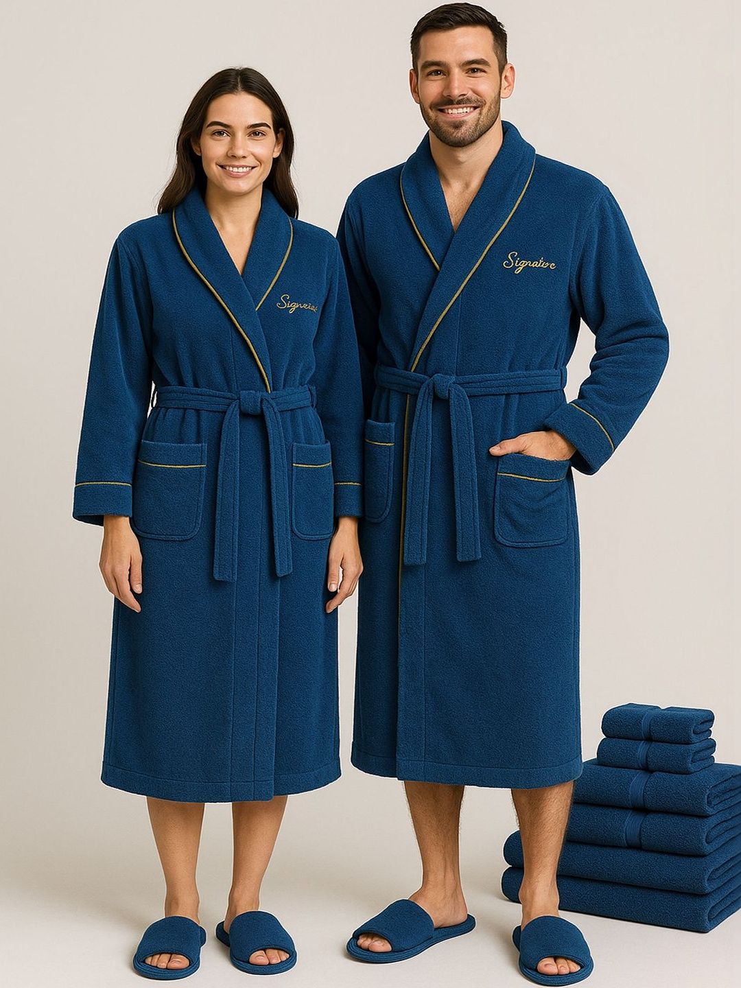 Signature 8-Pcs Pure Cotton 500 GSM Bath Robe Hand Towel & Bath Towels Gift Set-image-3