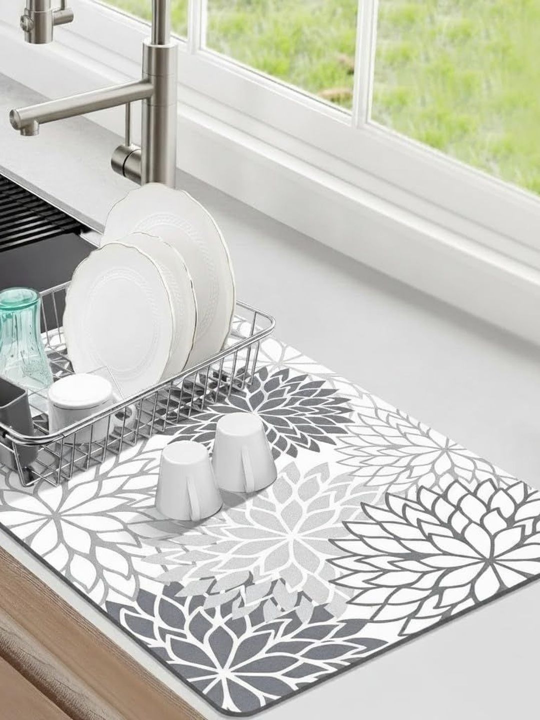 HomeCloud Grey & White Bohemian Printed Rubber Anti-Skid Kitchen Mat-image-11
