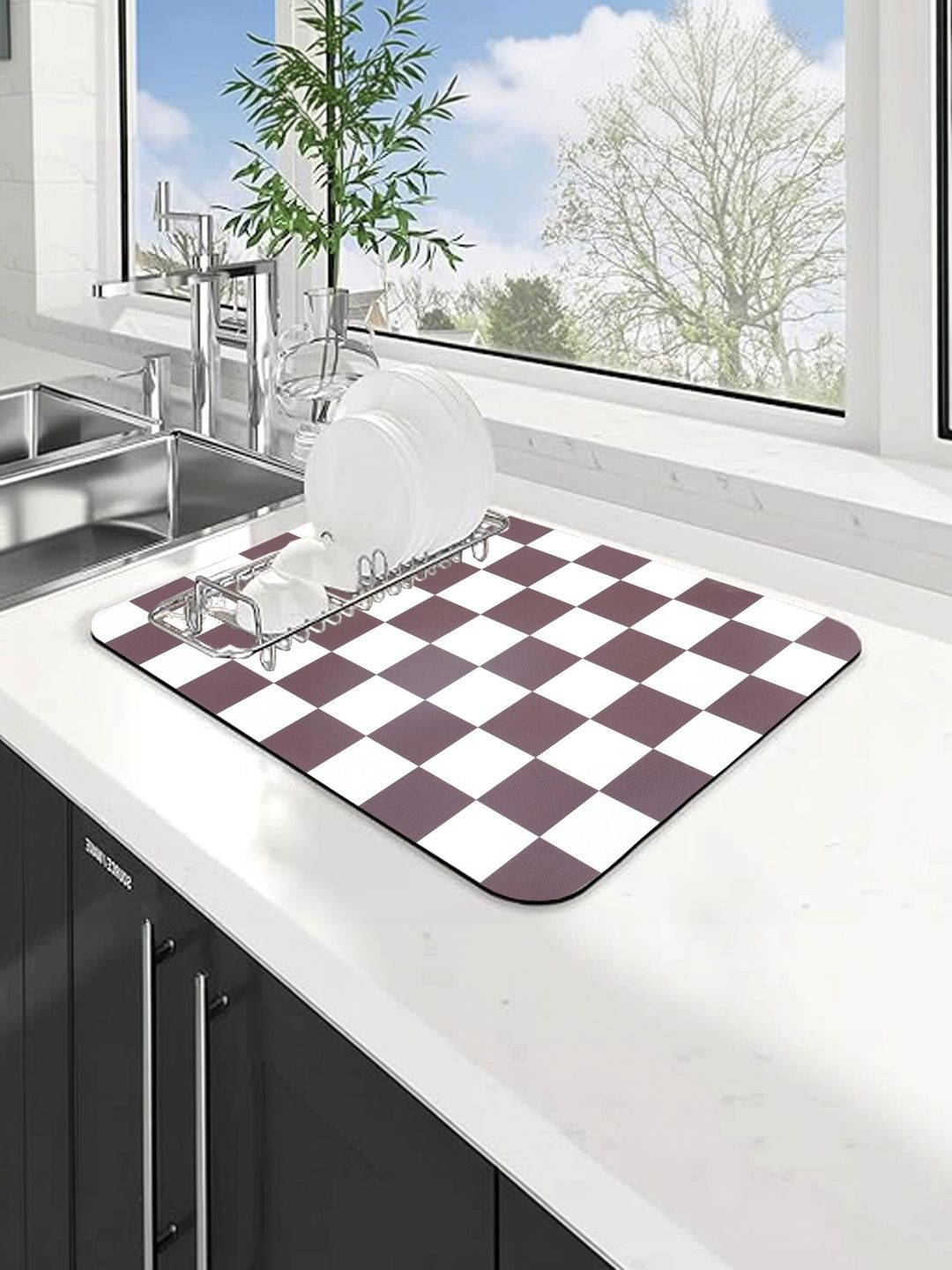 HomeCloud Brown & White Geometric Printed Rubber Anti-Skid Kitchen Mat-image-10