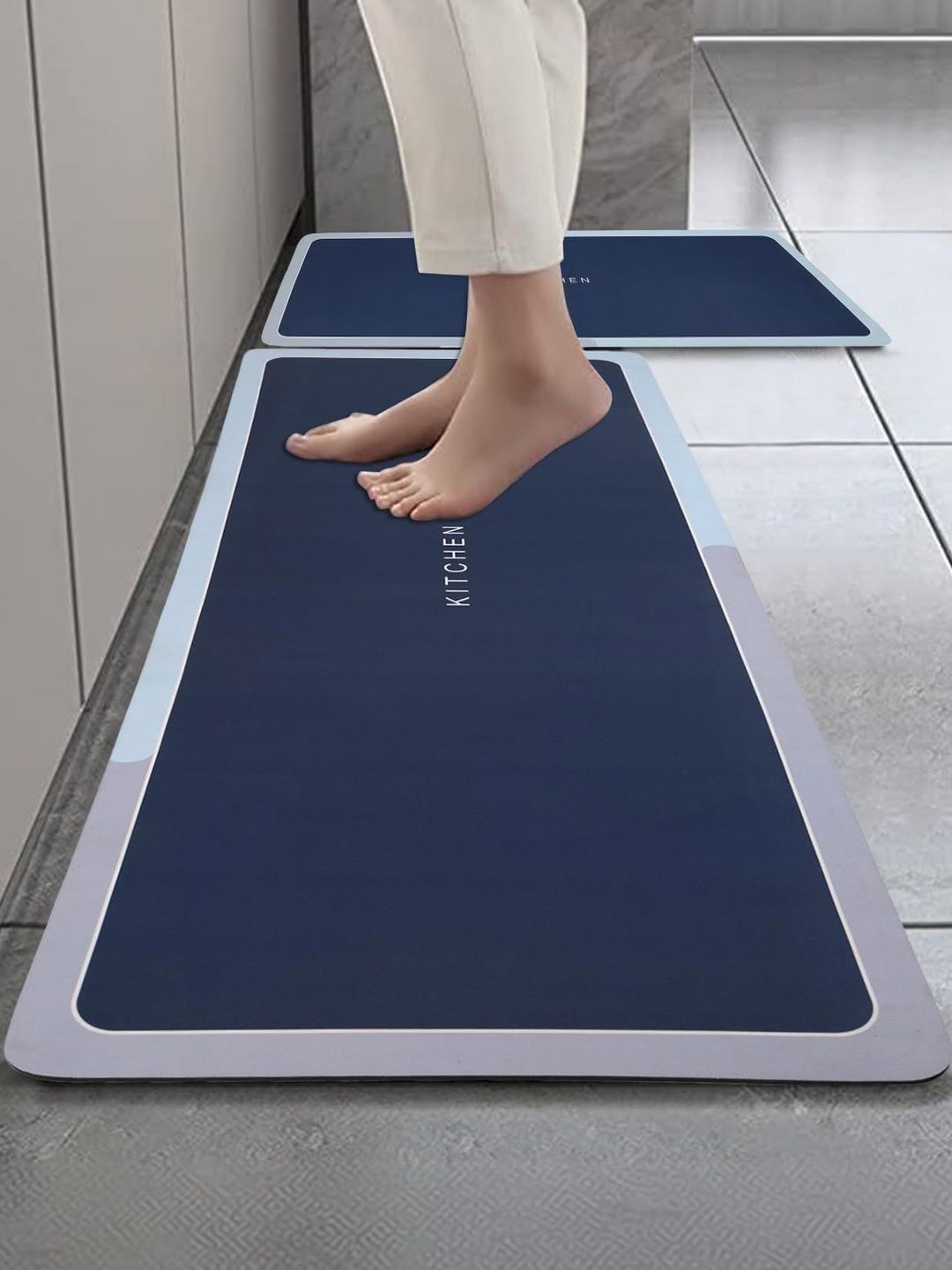 HomeCloud Navy Blue & White Printed Rubber Anti-Slip 2-Pcs Kitchen Mats-picture-56