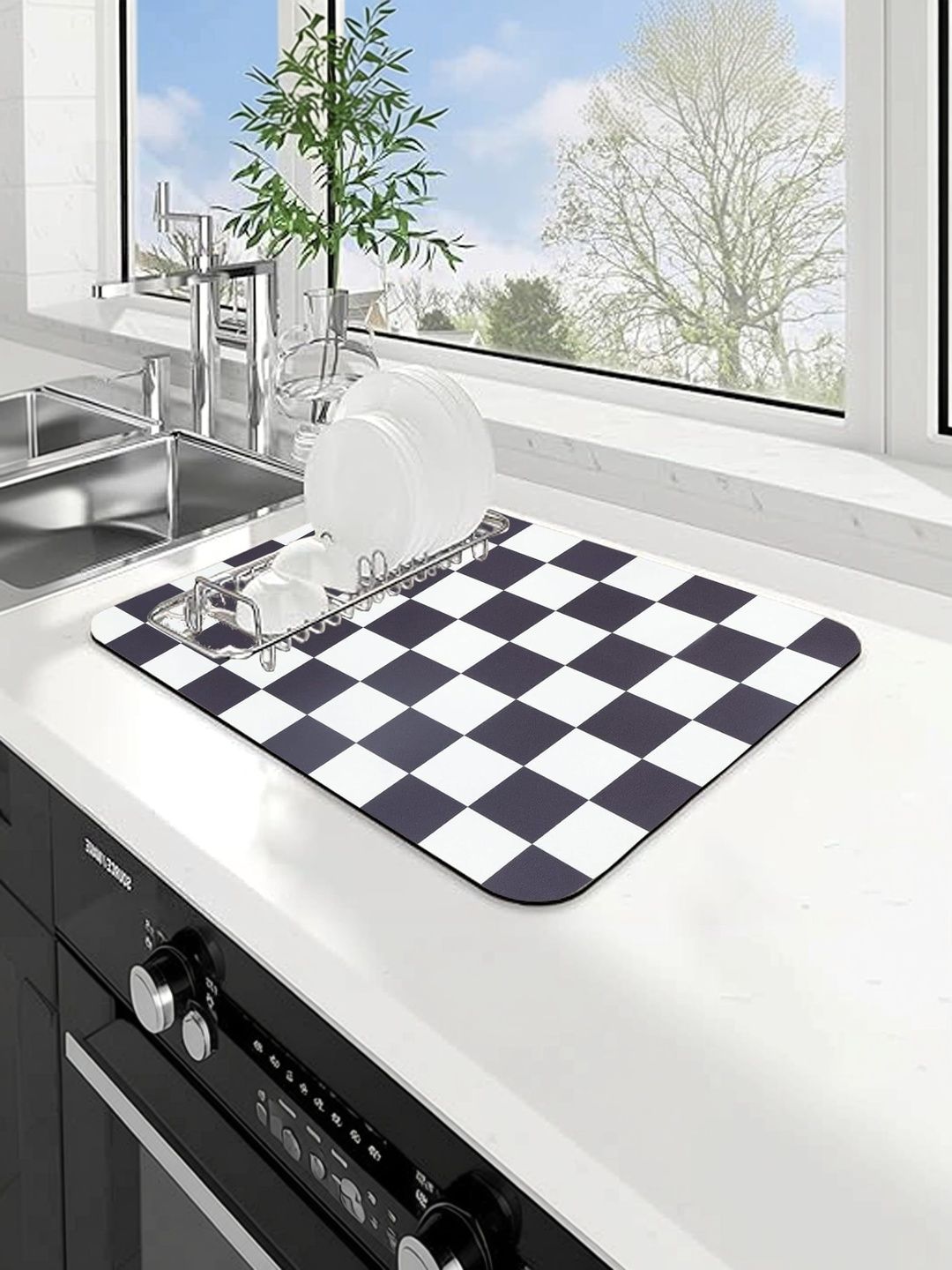 HomeCloud Black & White Chess Printed Rubber Anti-Skid Kitchen Mat-image-22