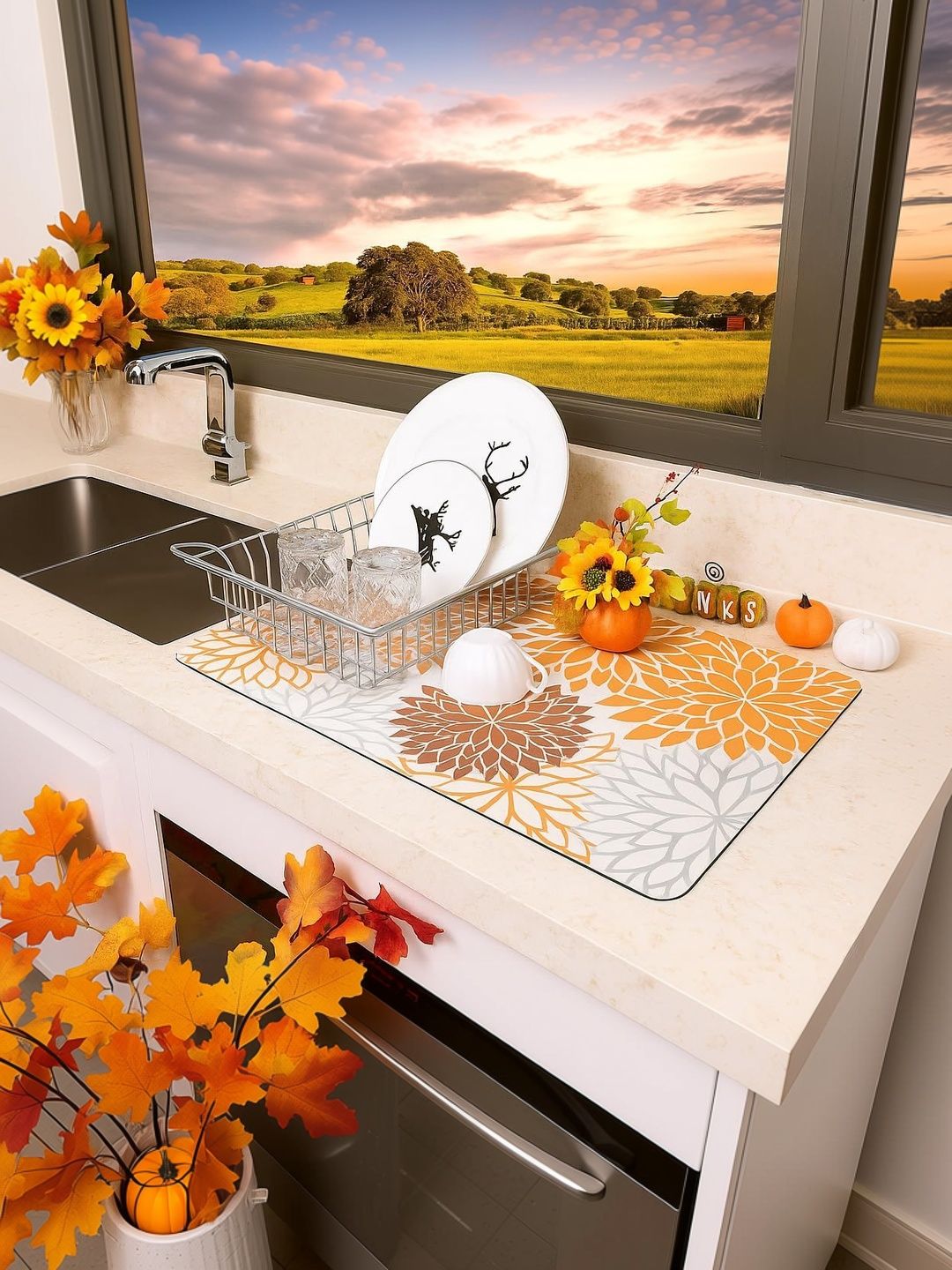HomeCloud Orange & White Floral Printed Rubber Anti-Skid Kitchen Mat-picture-14