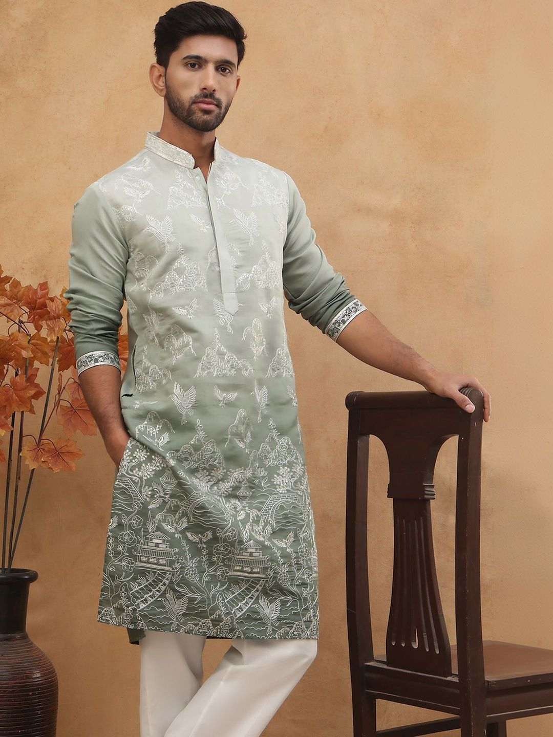 House of Pataudi Embroidered Mandarin Collar Straight Kurta & Pyjamas-image-21