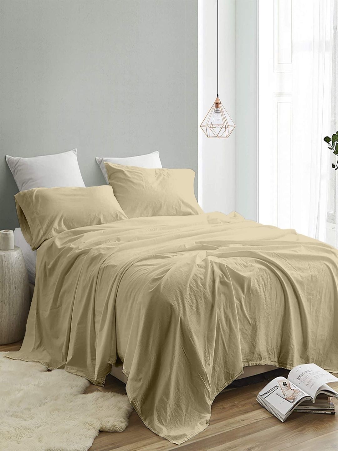 Sangria Khaki Color 300 TC King Double Bedsheet With 2 Pillow Covers-2.74 m x 2.74 m