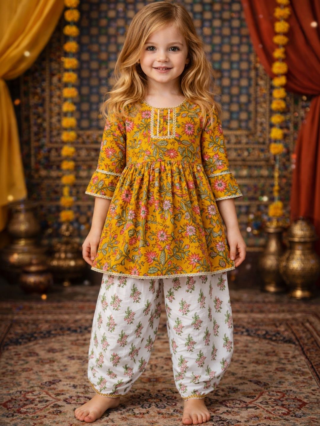 Arshia Fashions Girls Floral Printed Tiered Thread Work Kurta with Harem Pants-picture-43