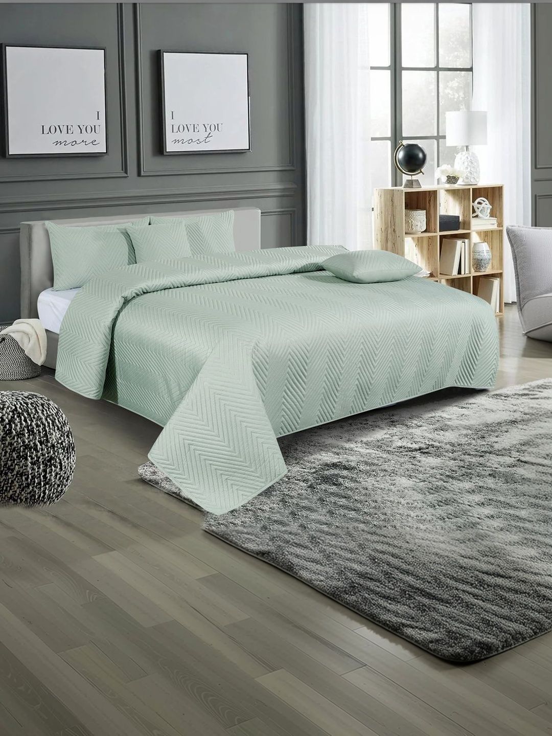 RD TREND 5Pc Pista Green Quilted Microfiber Bed Cover Set With Pillow & Cushion Covers-picture-17