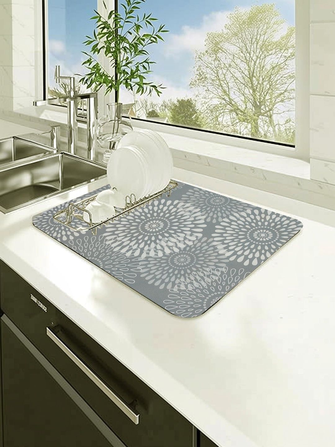 HomeCloud Grey & White Printed Rubber Anti-Skid Kitchen Mat-picture-26