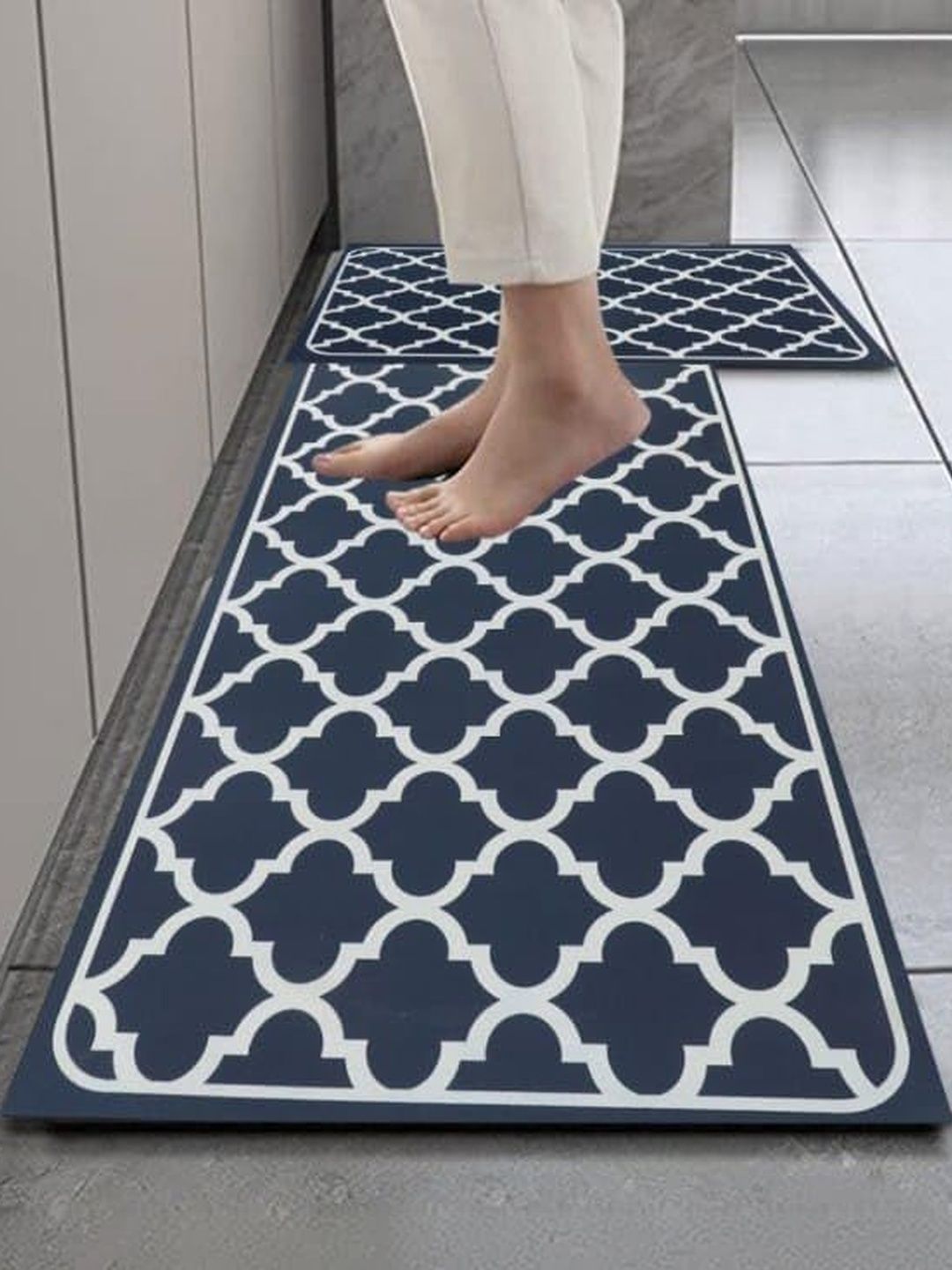 HomeCloud Navy Blue & White Printed Rubber Anti-Slip 2-Pcs Kitchen Mats-picture-33